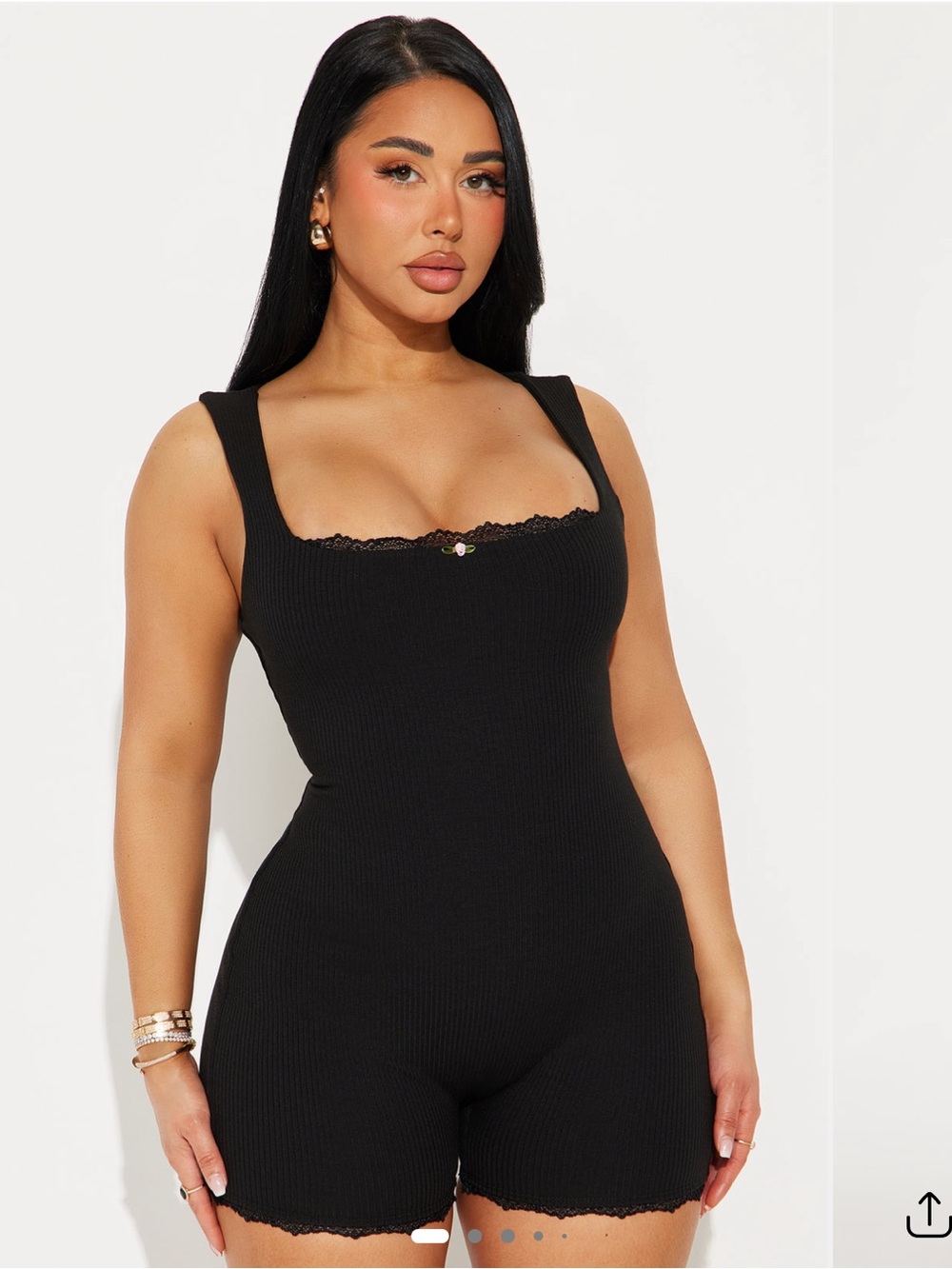 Fashion Nova Black Ribbed Lace-Trim Romper